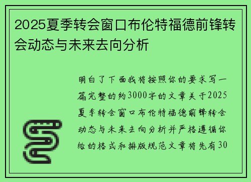 2025夏季转会窗口布伦特福德前锋转会动态与未来去向分析