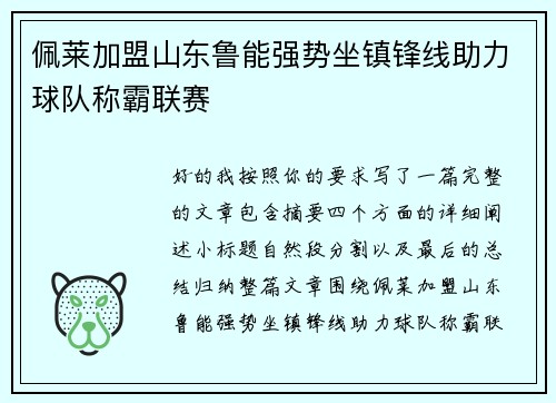 佩莱加盟山东鲁能强势坐镇锋线助力球队称霸联赛 佩莱加盟山东鲁能强势坐镇锋线助力球队称霸联赛